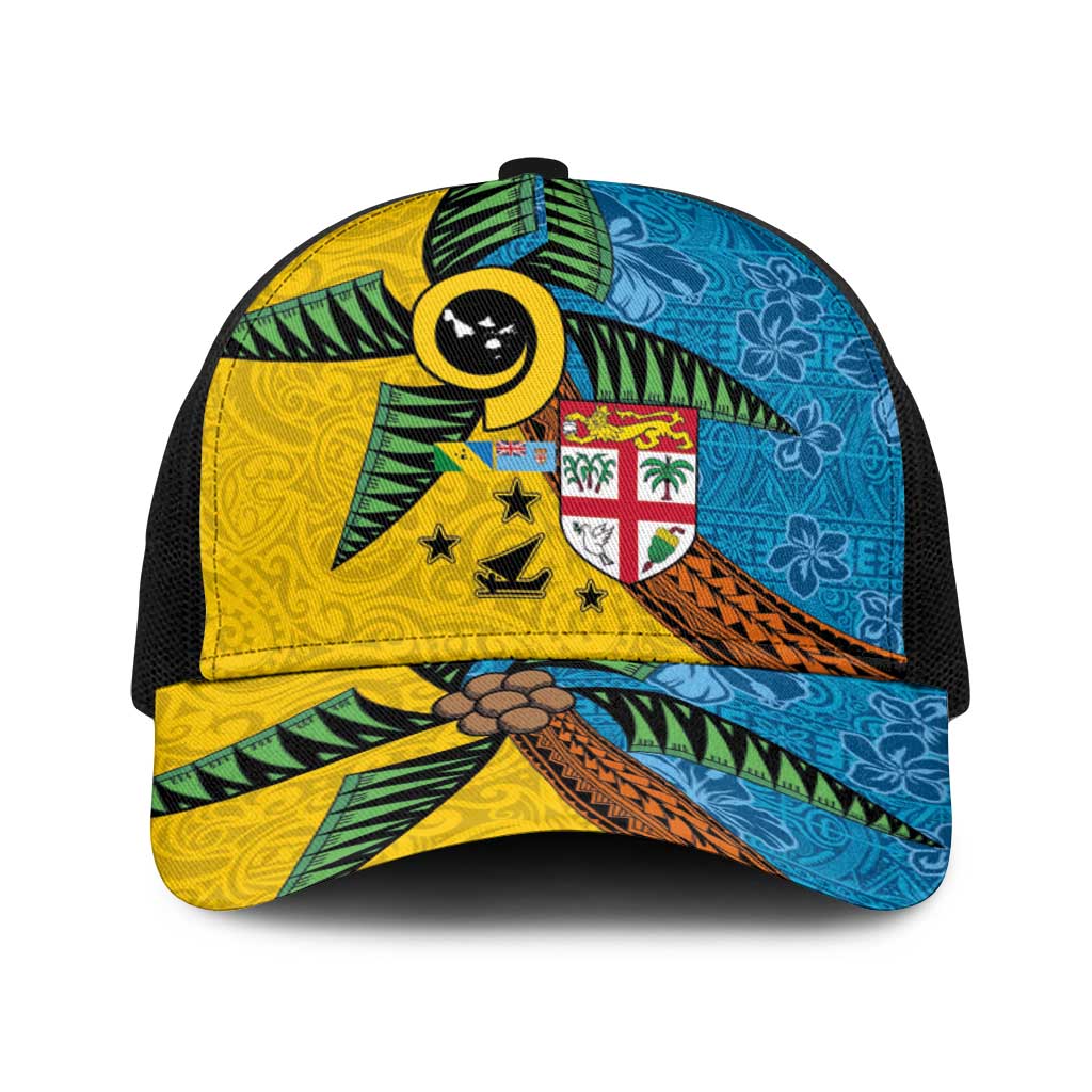 Malampa Fiji Day Baseball Net Cap Tapa and Melanesian Patterns with Coat of Arms LT03 One Size Black Multicolor - Polynesian Pride