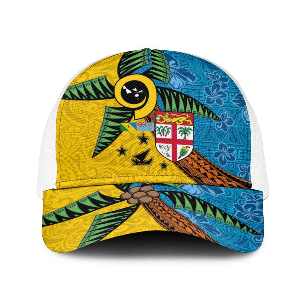 Malampa Fiji Day Baseball Net Cap Tapa and Melanesian Patterns with Coat of Arms LT03 One Size White Multicolor - Polynesian Pride