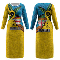 Malampa Fiji Day Couples Matching Long Sleeve Bodycon Dress and Hawaiian Shirt Tapa and Melanesian Patterns with Coat of Arms LT03 - Polynesian Pride