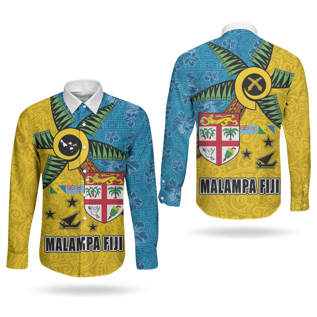 Malampa Fiji Day Couples Matching Long Sleeve Bodycon Dress and Long Sleeve Button Shirt Tapa and Melanesian Patterns with Coat of Arms LT03 - Polynesian Pride