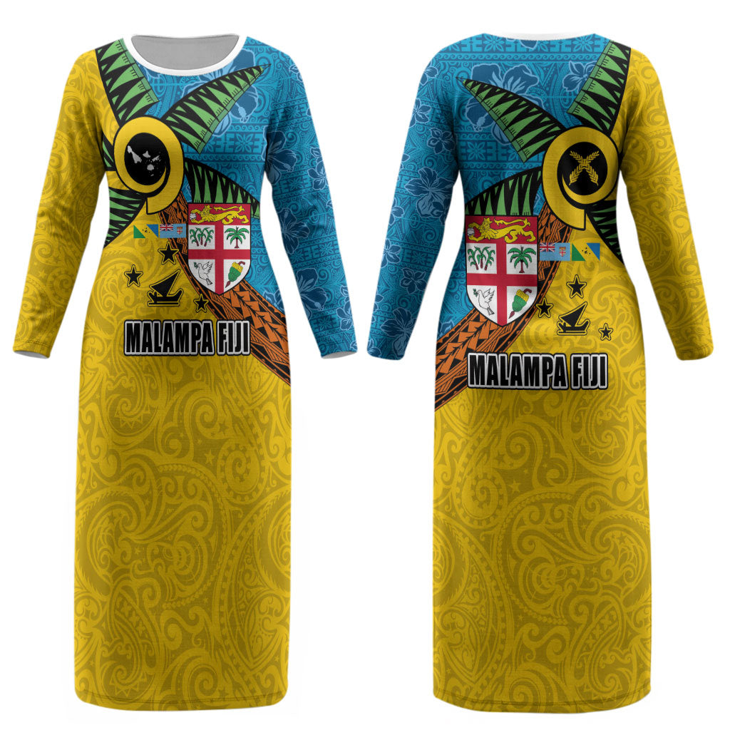 Malampa Fiji Day Couples Matching Long Sleeve Bodycon Dress and Long Sleeve Button Shirt Tapa and Melanesian Patterns with Coat of Arms LT03 - Polynesian Pride
