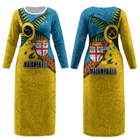 Malampa Fiji Day Couples Matching Long Sleeve Bodycon Dress and Long Sleeve Button Shirt Tapa and Melanesian Patterns with Coat of Arms LT03 - Polynesian Pride