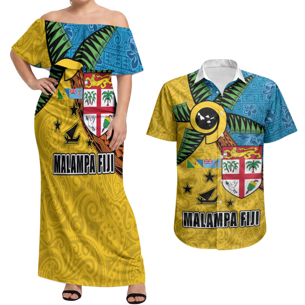 Malampa Fiji Day Couples Matching Off Shoulder Maxi Dress and Hawaiian Shirt Tapa and Melanesian Patterns with Coat of Arms LT03 Multicolor - Polynesian Pride