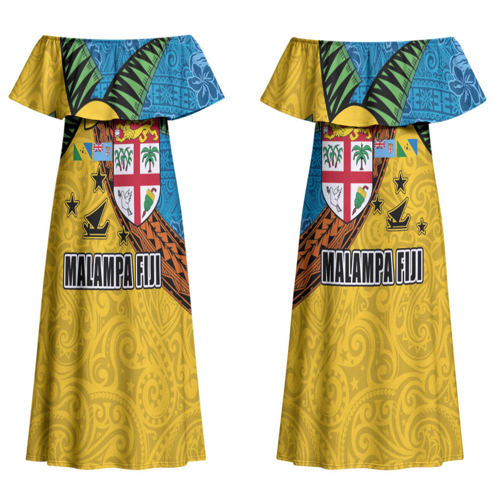 Malampa Fiji Day Couples Matching Off Shoulder Maxi Dress and Long Sleeve Button Shirt Tapa and Melanesian Patterns with Coat of Arms LT03 - Polynesian Pride