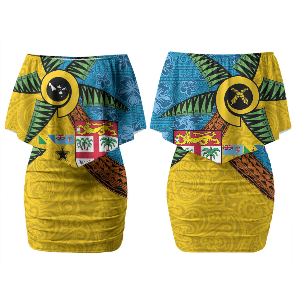 Malampa Fiji Day Couples Matching Off Shoulder Short Dress and Hawaiian Shirt Tapa and Melanesian Patterns with Coat of Arms LT03 - Polynesian Pride