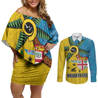 Malampa Fiji Day Couples Matching Off Shoulder Short Dress and Long Sleeve Button Shirt Tapa and Melanesian Patterns with Coat of Arms LT03 Multicolor - Polynesian Pride
