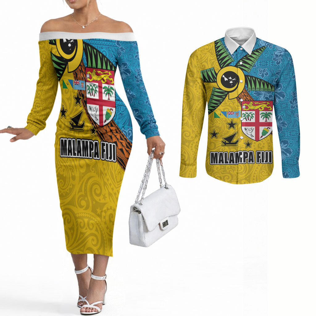 Malampa Fiji Day Couples Matching Off The Shoulder Long Sleeve Dress and Long Sleeve Button Shirt Tapa and Melanesian Patterns with Coat of Arms LT03 Multicolor - Polynesian Pride