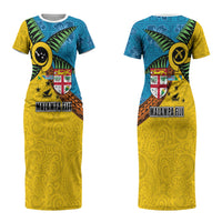 Malampa Fiji Day Couples Matching Short Sleeve Bodycon Dress and Long Sleeve Button Shirt Tapa and Melanesian Patterns with Coat of Arms LT03 - Polynesian Pride
