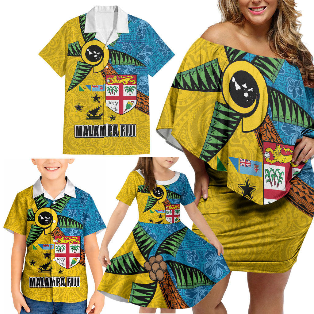 Malampa Fiji Day Family Matching Off Shoulder Short Dress and Hawaiian Shirt Tapa and Melanesian Patterns with Coat of Arms LT03 - Polynesian Pride
