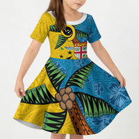 Malampa Fiji Day Kid Short Sleeve Dress Tapa and Melanesian Patterns with Coat of Arms LT03 KID Multicolor - Polynesian Pride