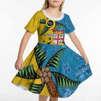 Malampa Fiji Day Kid Short Sleeve Dress Tapa and Melanesian Patterns with Coat of Arms LT03 - Polynesian Pride