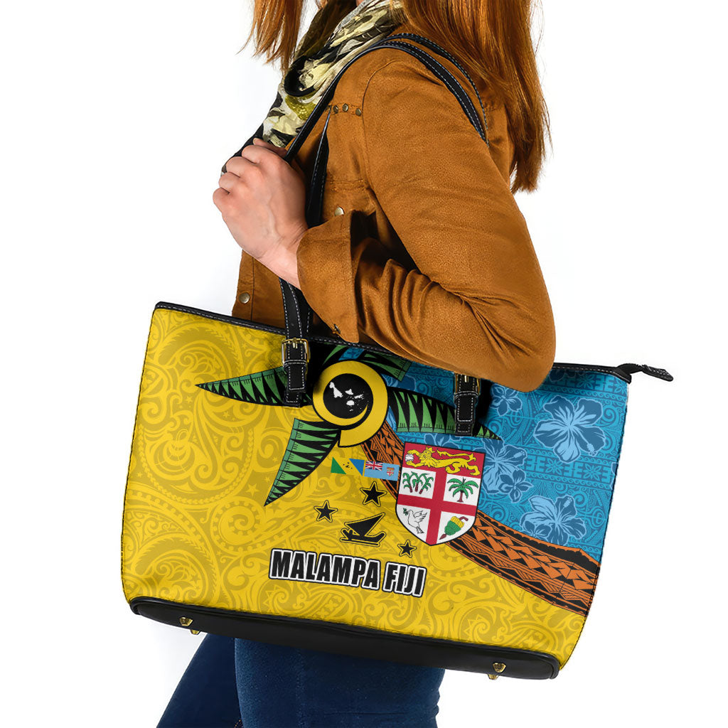Malampa Fiji Day Leather Tote Bag Tapa and Melanesian Patterns with Coat of Arms LT03 Multicolor - Polynesian Pride