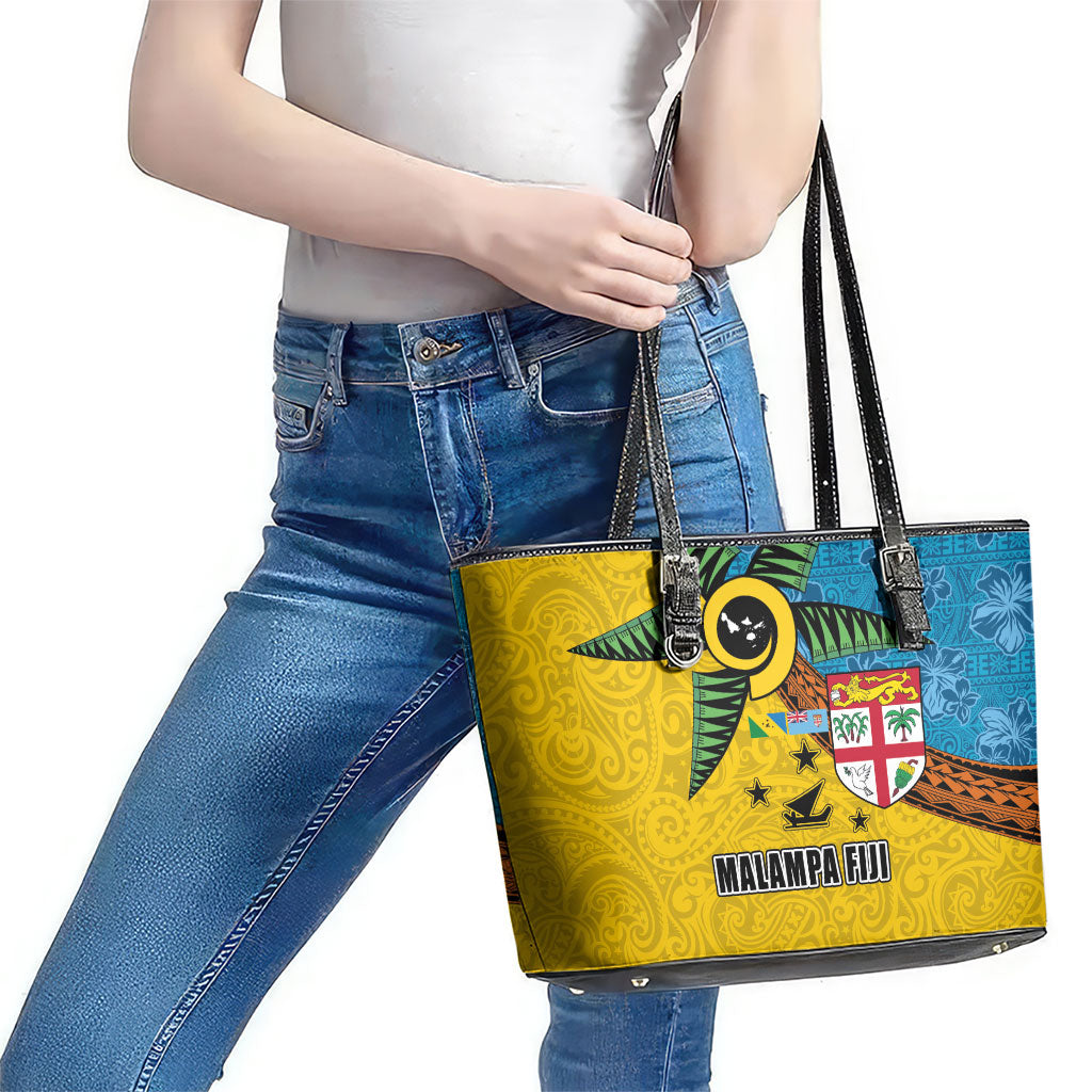 Malampa Fiji Day Leather Tote Bag Tapa and Melanesian Patterns with Coat of Arms LT03 - Polynesian Pride