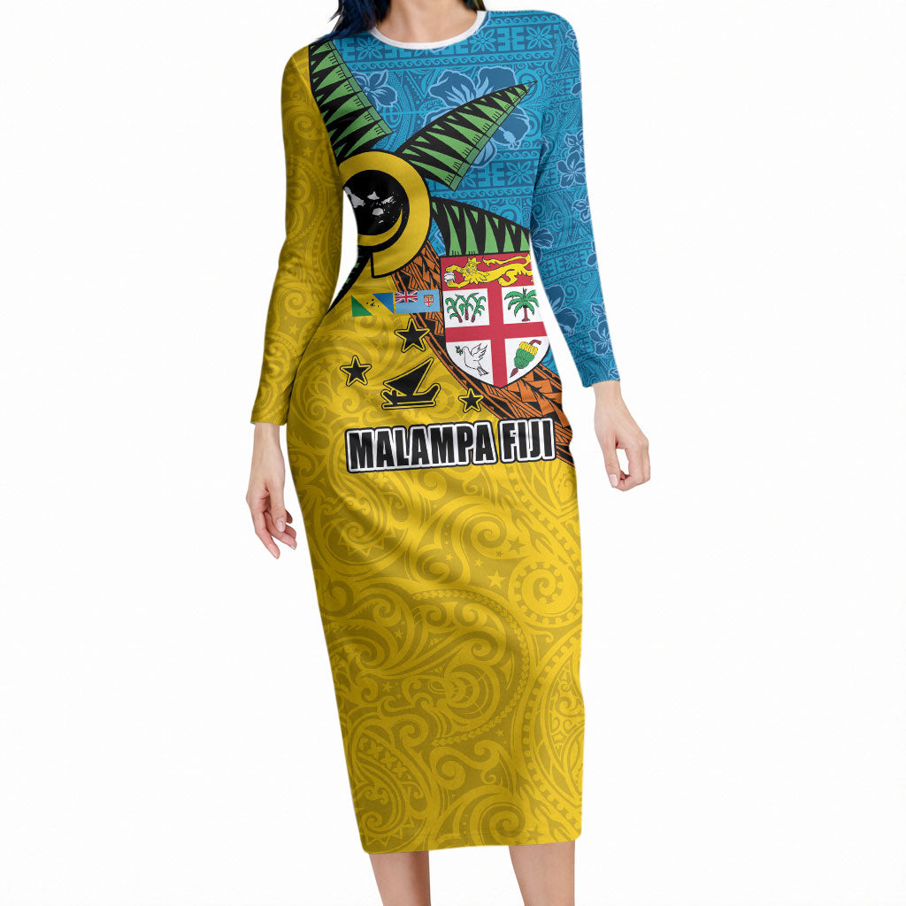 Malampa Fiji Day Long Sleeve Bodycon Dress Tapa and Melanesian Patterns with Coat of Arms LT03 Long Dress Multicolor - Polynesian Pride