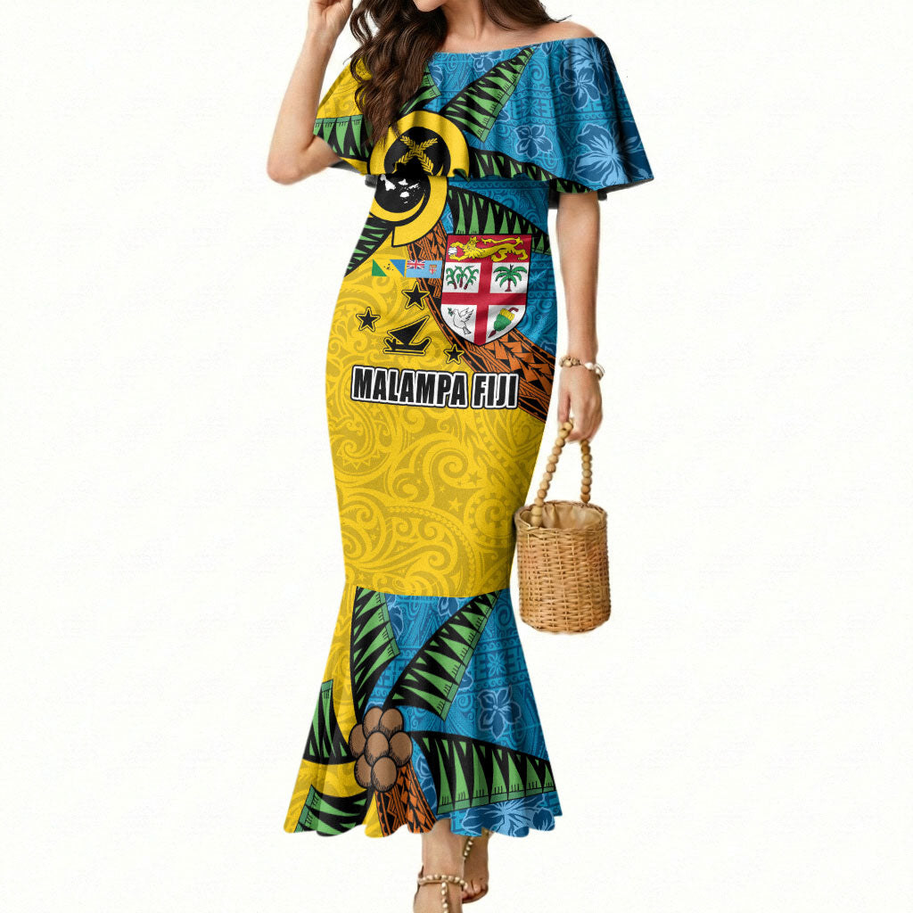 Malampa Fiji Day Mermaid Dress Tapa and Melanesian Patterns with Coat of Arms LT03 Women Multicolor - Polynesian Pride