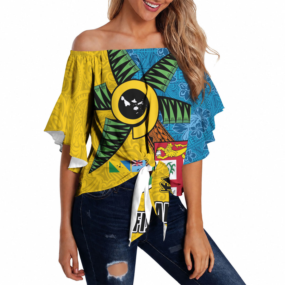 Malampa Fiji Day Off Shoulder Wrap Waist Top Tapa and Melanesian Patterns with Coat of Arms LT03 Multicolor - Polynesian Pride