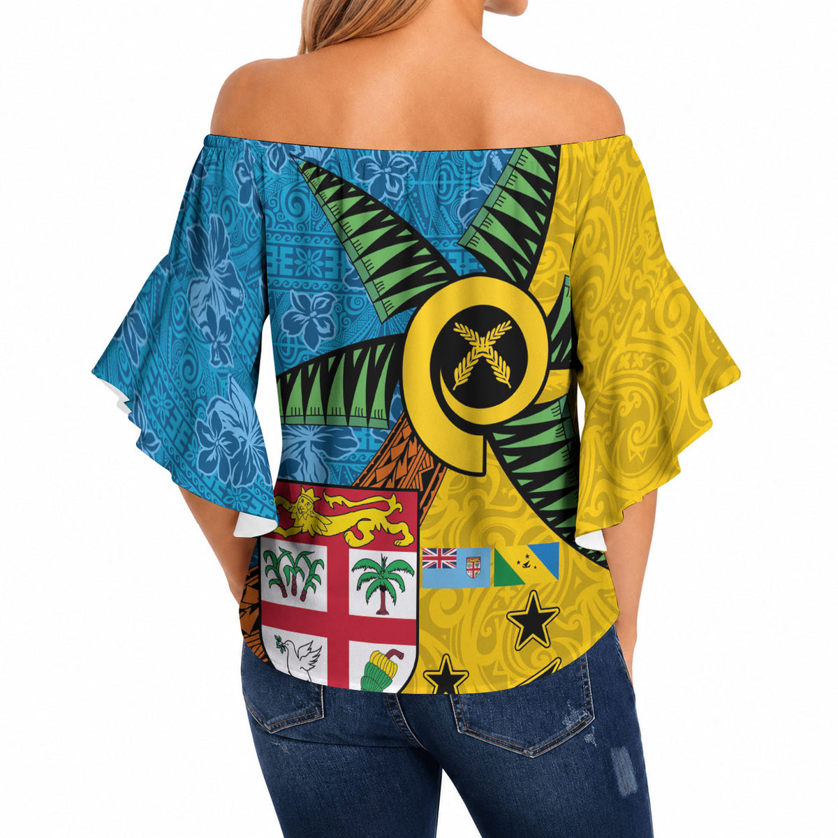 Malampa Fiji Day Off Shoulder Wrap Waist Top Tapa and Melanesian Patterns with Coat of Arms LT03 - Polynesian Pride