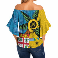 Malampa Fiji Day Off Shoulder Wrap Waist Top Tapa and Melanesian Patterns with Coat of Arms LT03 - Polynesian Pride
