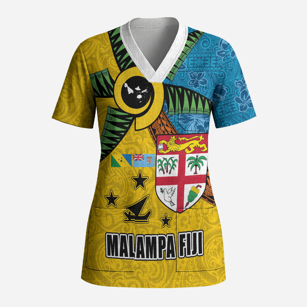 Malampa Fiji Day Scrub Top Tapa and Melanesian Patterns with Coat of Arms LT03 Adult Multicolor - Polynesian Pride
