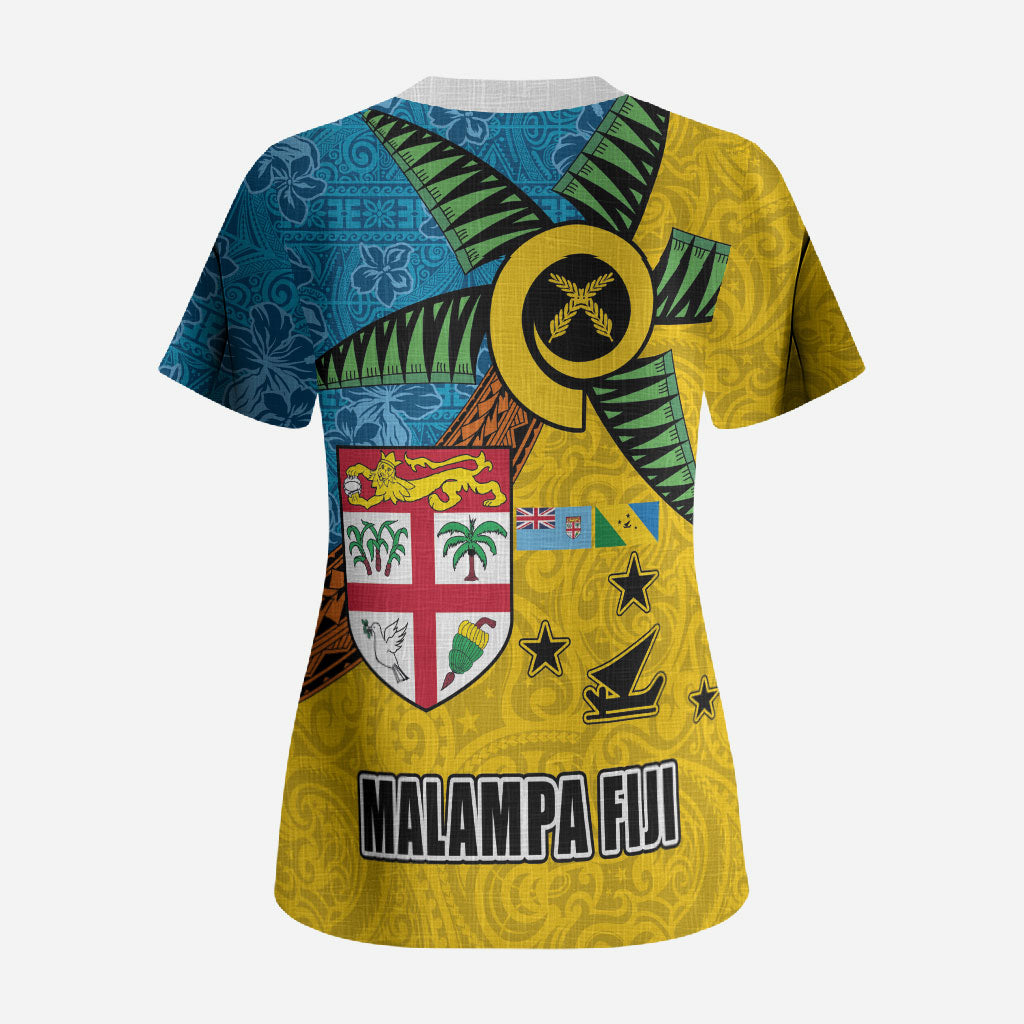 Malampa Fiji Day Scrub Top Tapa and Melanesian Patterns with Coat of Arms LT03 - Polynesian Pride
