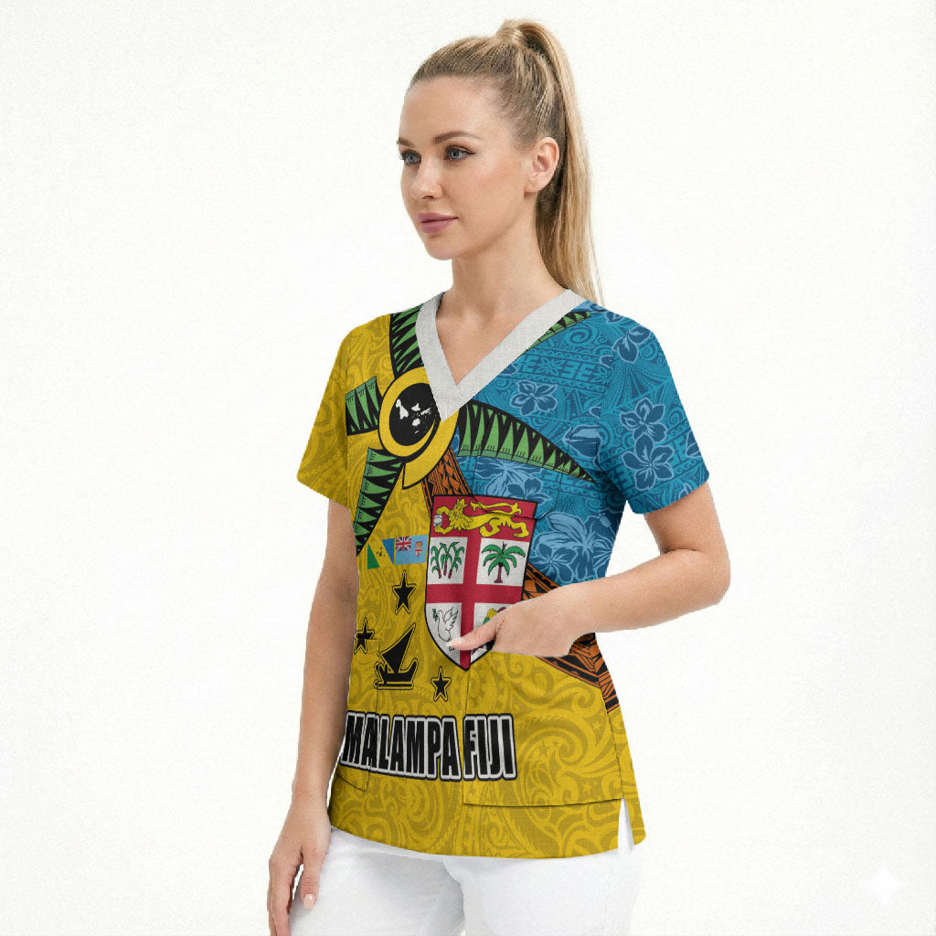 Malampa Fiji Day Scrub Top Tapa and Melanesian Patterns with Coat of Arms LT03 - Polynesian Pride
