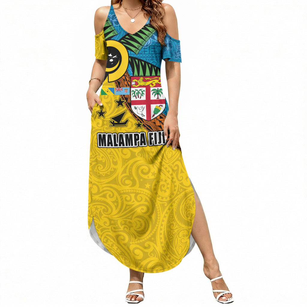 Malampa Fiji Day Summer Maxi Dress Tapa and Melanesian Patterns with Coat of Arms LT03 Women Multicolor - Polynesian Pride