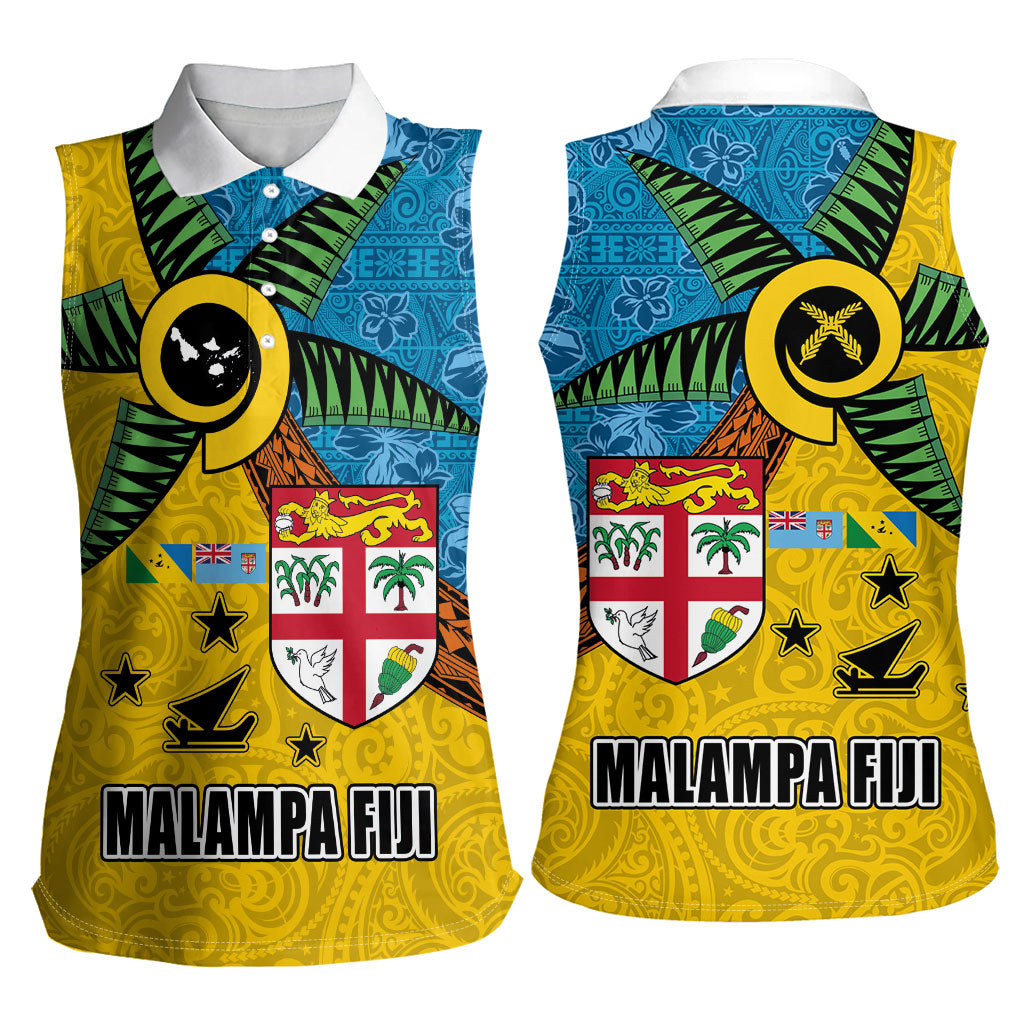 Malampa Fiji Day Women Sleeveless Polo Shirt Tapa and Melanesian Patterns with Coat of Arms LT03 - Polynesian Pride