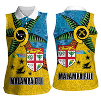 Malampa Fiji Day Women Sleeveless Polo Shirt Tapa and Melanesian Patterns with Coat of Arms LT03 - Polynesian Pride