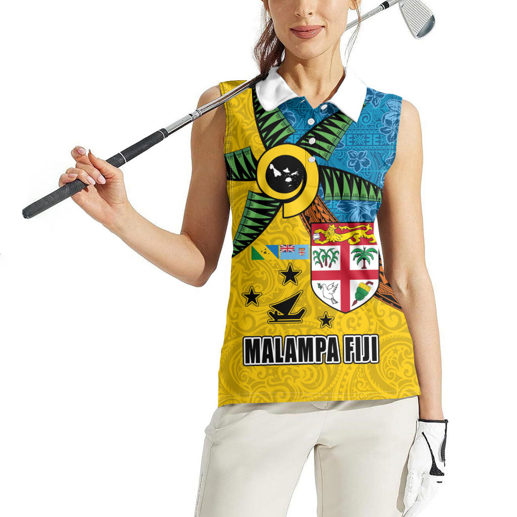 Malampa Fiji Day Women Sleeveless Polo Shirt Tapa and Melanesian Patterns with Coat of Arms LT03 - Polynesian Pride