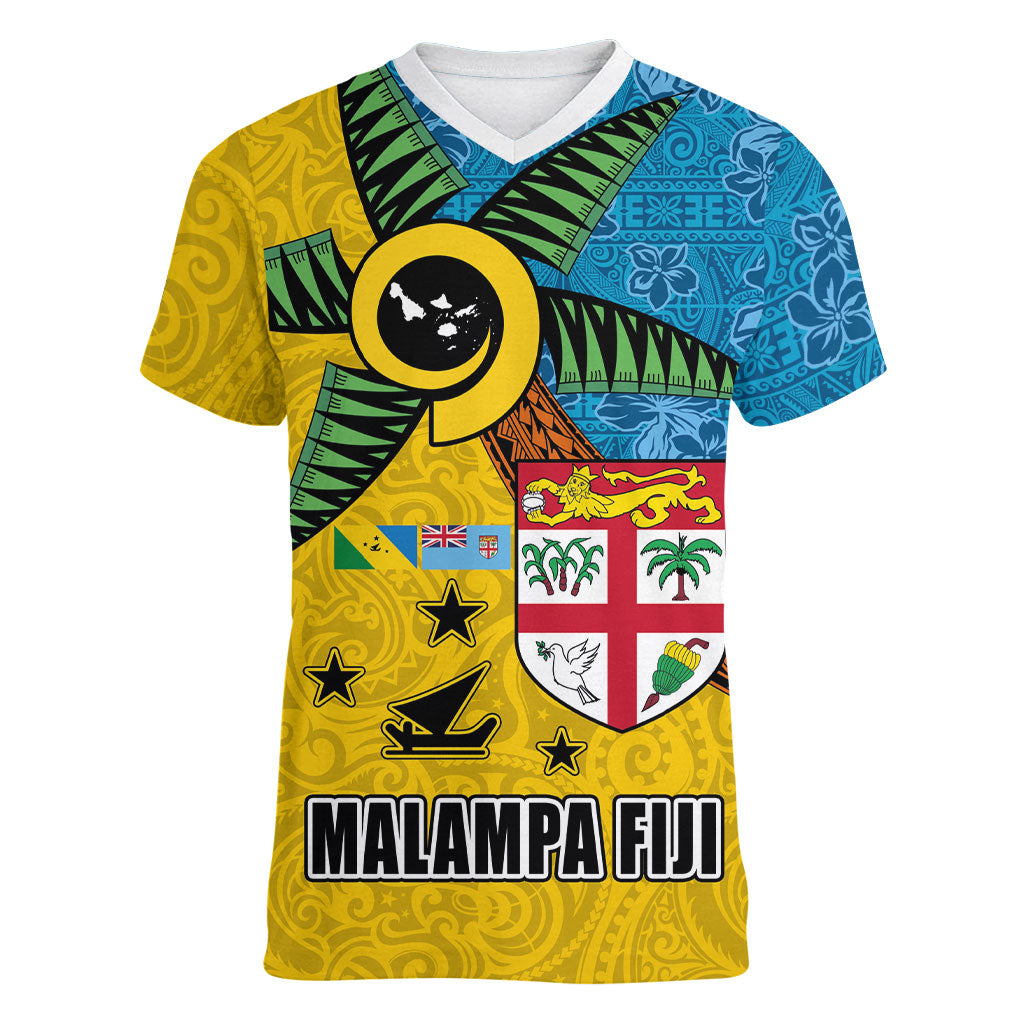 Malampa Fiji Day Women V-Neck T-Shirt Tapa and Melanesian Patterns with Coat of Arms LT03 Female Multicolor - Polynesian Pride