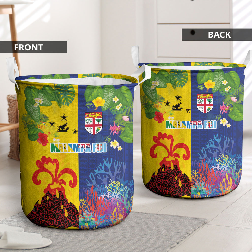 Malampa Fiji Day Laundry Basket Volcano and Coral Reef with Culture Patterns Split Style LT03 - Polynesian Pride