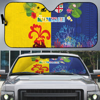 Malampa Fiji Day Auto Sun Shade Volcano and Coral Reef with Culture Patterns Split Style LT03 Multicolor - Polynesian Pride