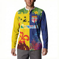 Malampa Fiji Day Button Sweatshirt Volcano and Coral Reef with Culture Patterns Split Style LT03 - Polynesian Pride