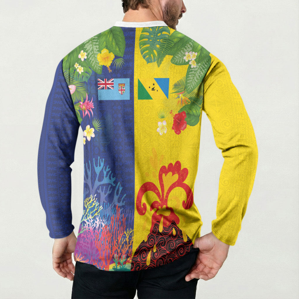 Malampa Fiji Day Button Sweatshirt Volcano and Coral Reef with Culture Patterns Split Style LT03 - Polynesian Pride
