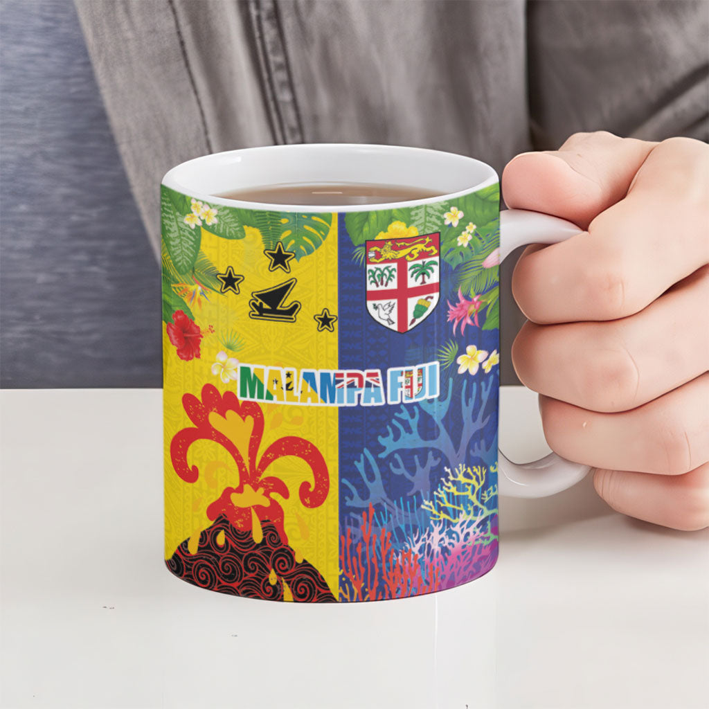 Malampa Fiji Day Ceramic Mug Volcano and Coral Reef with Culture Patterns Split Style LT03 - Polynesian Pride