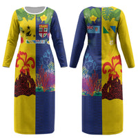 Malampa Fiji Day Couples Matching Long Sleeve Bodycon Dress and Hawaiian Shirt Volcano and Coral Reef with Culture Patterns Split Style LT03 - Polynesian Pride