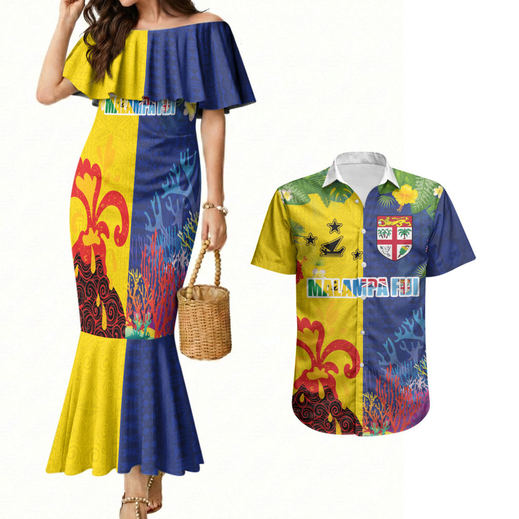 Malampa Fiji Day Couples Matching Mermaid Dress and Hawaiian Shirt Volcano and Coral Reef with Culture Patterns Split Style LT03 Multicolor - Polynesian Pride