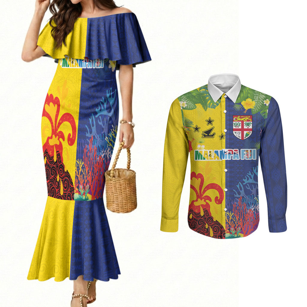 Malampa Fiji Day Couples Matching Mermaid Dress and Long Sleeve Button Shirt Volcano and Coral Reef with Culture Patterns Split Style LT03 Multicolor - Polynesian Pride