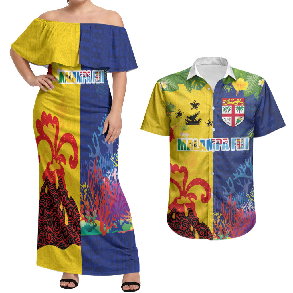 Malampa Fiji Day Couples Matching Off Shoulder Maxi Dress and Hawaiian Shirt Volcano and Coral Reef with Culture Patterns Split Style LT03 Multicolor - Polynesian Pride