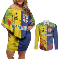 Malampa Fiji Day Couples Matching Off Shoulder Short Dress and Long Sleeve Button Shirt Volcano and Coral Reef with Culture Patterns Split Style LT03 Multicolor - Polynesian Pride
