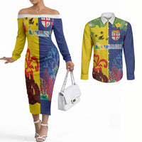 Malampa Fiji Day Couples Matching Off The Shoulder Long Sleeve Dress and Long Sleeve Button Shirt Volcano and Coral Reef with Culture Patterns Split Style LT03 Multicolor - Polynesian Pride