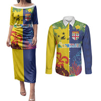 Malampa Fiji Day Couples Matching Puletasi and Long Sleeve Button Shirt Volcano and Coral Reef with Culture Patterns Split Style LT03 Multicolor - Polynesian Pride