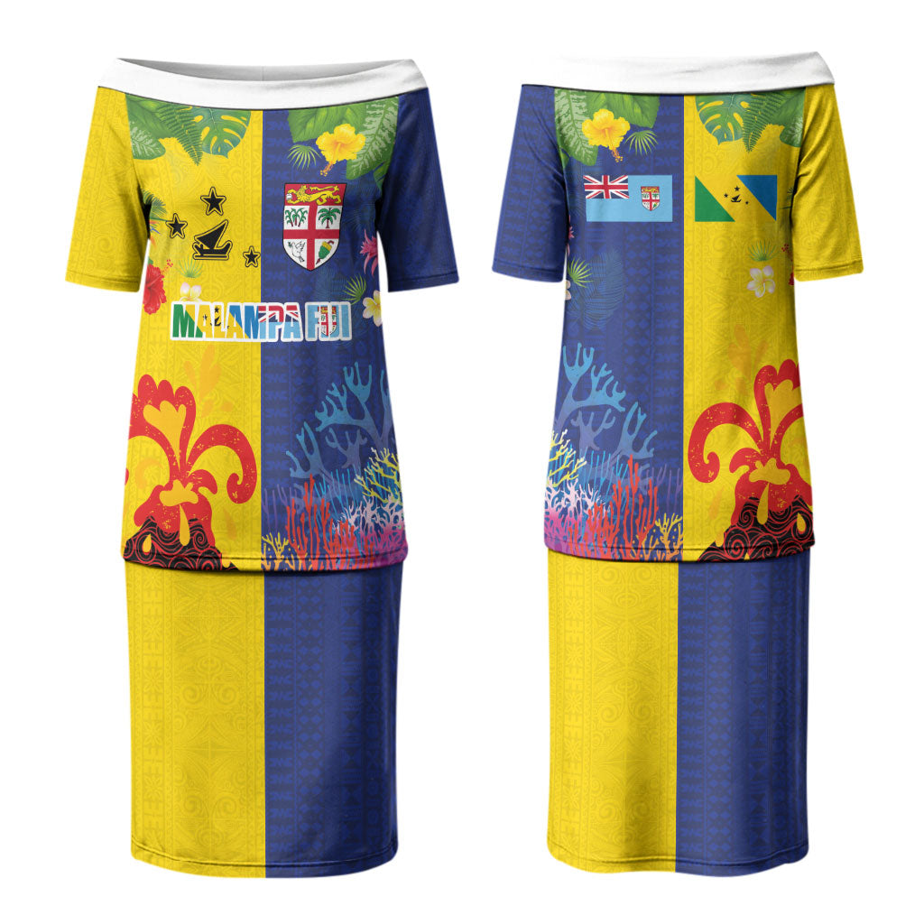 Malampa Fiji Day Couples Matching Puletasi and Long Sleeve Button Shirt Volcano and Coral Reef with Culture Patterns Split Style LT03 - Polynesian Pride