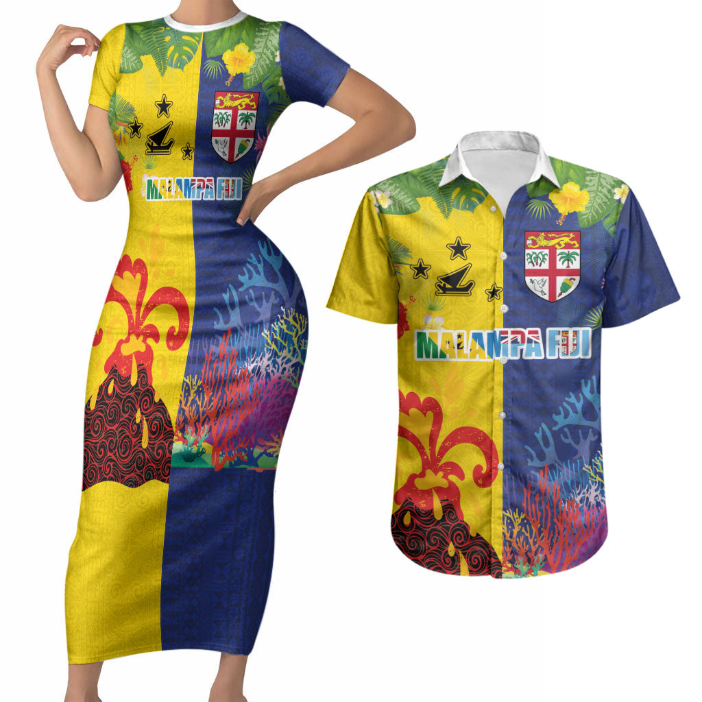 Malampa Fiji Day Couples Matching Short Sleeve Bodycon Dress and Hawaiian Shirt Volcano and Coral Reef with Culture Patterns Split Style LT03 Multicolor - Polynesian Pride