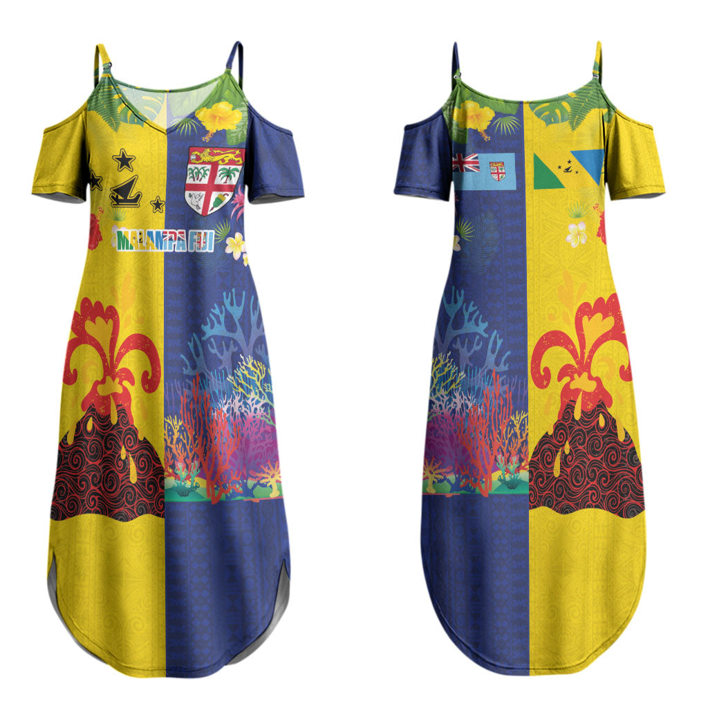 Malampa Fiji Day Couples Matching Summer Maxi Dress and Hawaiian Shirt Volcano and Coral Reef with Culture Patterns Split Style LT03 - Polynesian Pride