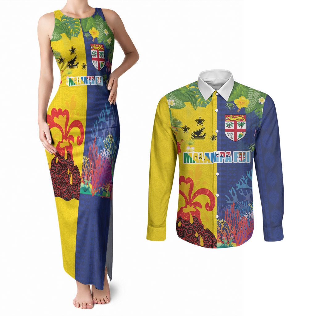 Malampa Fiji Day Couples Matching Tank Maxi Dress and Long Sleeve Button Shirt Volcano and Coral Reef with Culture Patterns Split Style LT03 Multicolor - Polynesian Pride