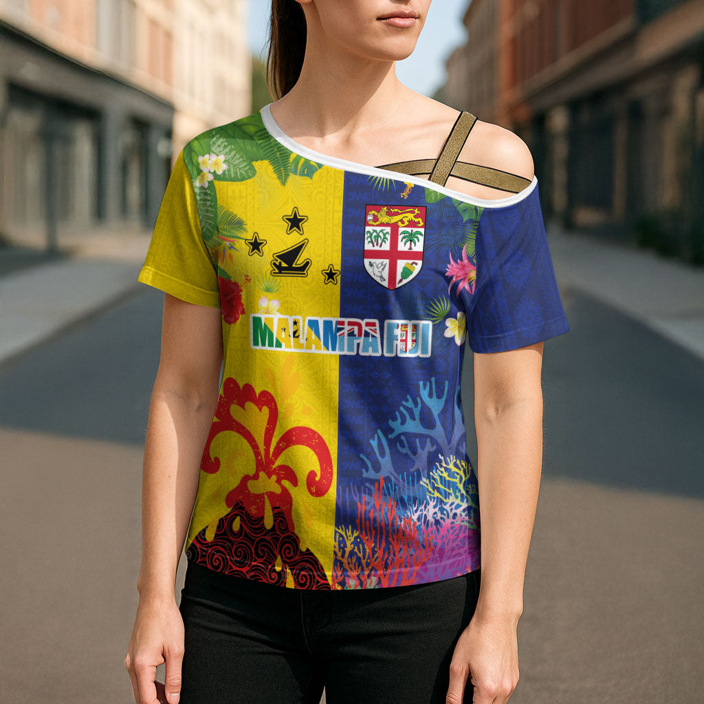 Malampa Fiji Day Cross Shoulder Shirt Volcano and Coral Reef with Culture Patterns Split Style LT03 - Polynesian Pride
