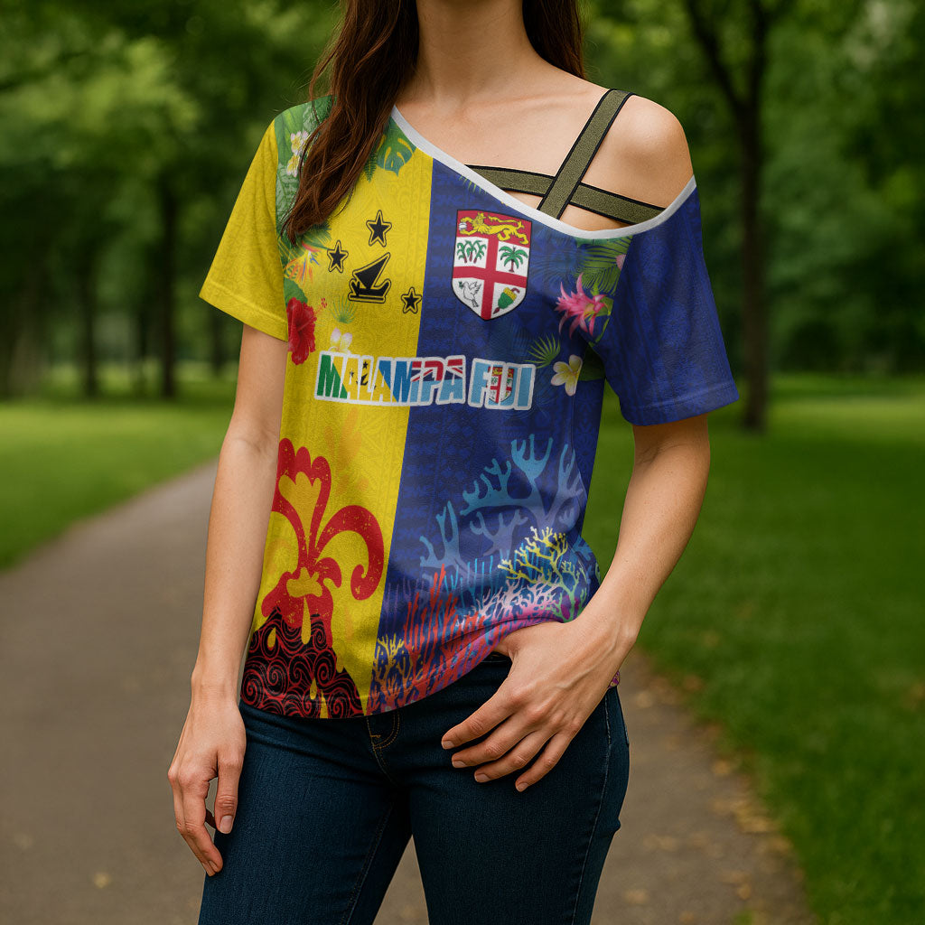 Malampa Fiji Day Cross Shoulder Shirt Volcano and Coral Reef with Culture Patterns Split Style LT03 - Polynesian Pride