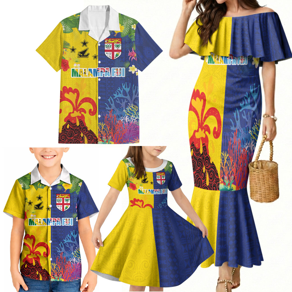 Malampa Fiji Day Family Matching Mermaid Dress and Hawaiian Shirt Volcano and Coral Reef with Culture Patterns Split Style LT03 - Polynesian Pride