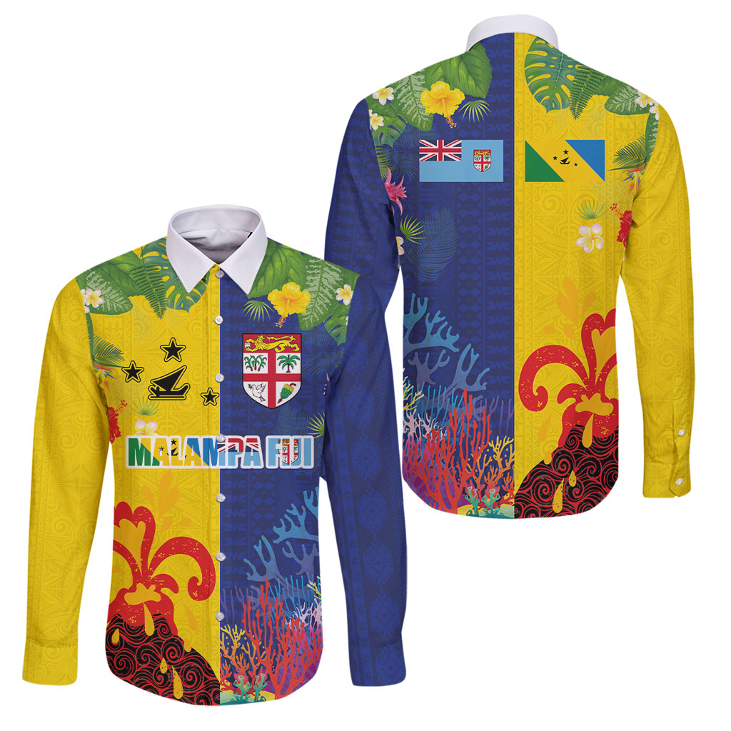 Malampa Fiji Day Family Matching Off The Shoulder Long Sleeve Dress and Hawaiian Shirt Volcano and Coral Reef with Culture Patterns Split Style LT03 Dad's Shirt - Long Sleeve Multicolor - Polynesian Pride
